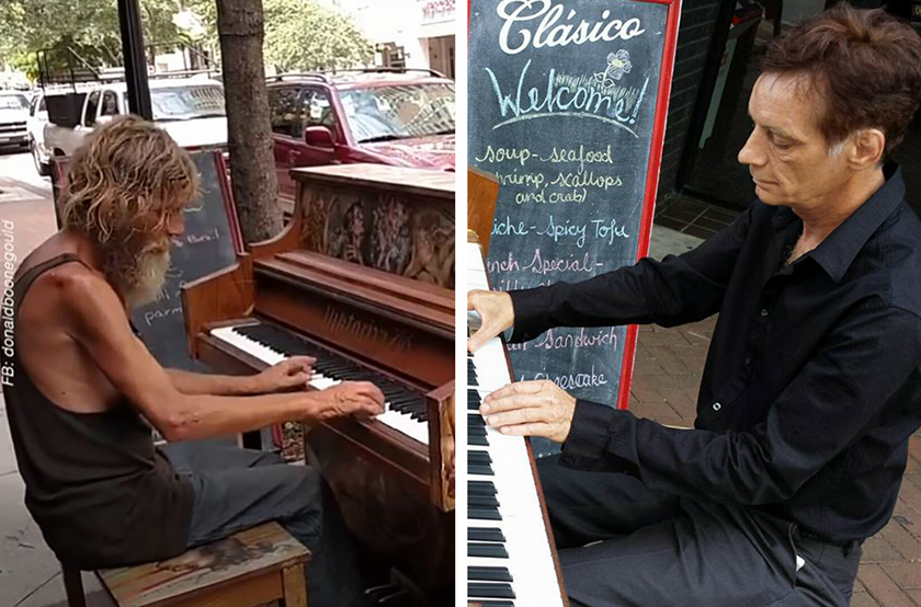 美國佛羅里達州一名蓬頭垢面的昔日流浪漢，因在街頭彈奏一首動人的鋼琴曲，使他一夜之間成為網絡追捧的鋼琴家。（唐納德古爾德提供）