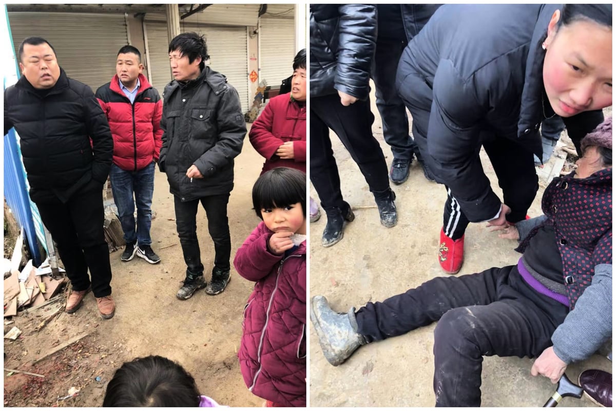 左圖黑衣男子為鄉副黨委書記姜紅偉，右圖為被強拆戶的母親倒地。（村民提供）