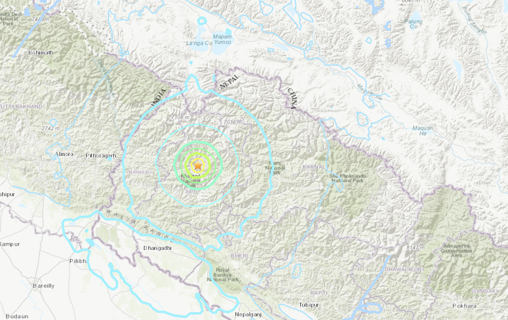 2023年10月3日，尼泊爾發生兩次地震，規模分別為6.3級和5.3級。（美國地質調查局截圖）