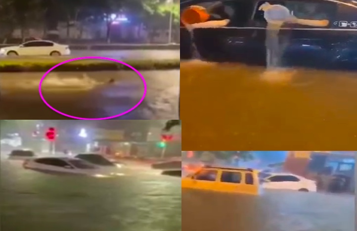 河南濮陽暴雨 市區嚴重積水 開車如開船【影片】