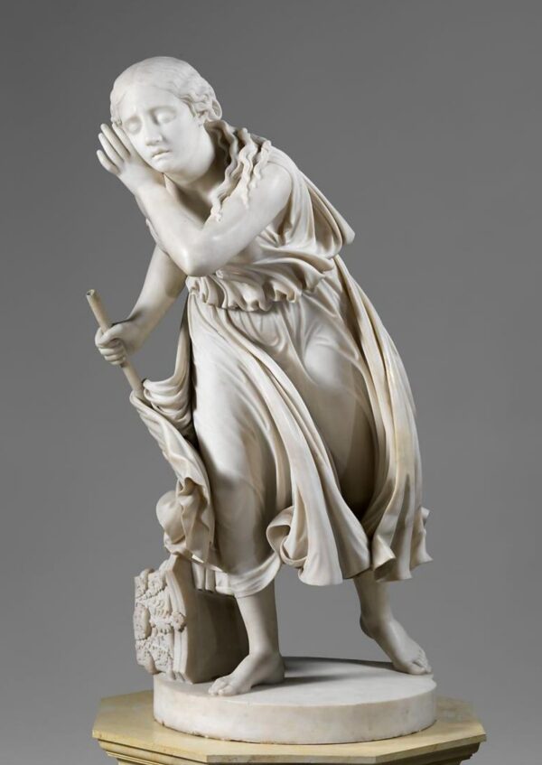 蘭杜夫‧羅傑斯(Randolph Rogers)的作品《尼迪亞,龐貝城的賣花盲女》(Nydia, the Blind Flower Girl of Pompeii),1853年─1854年創作。卡拉拉大理石;36 1⁄8英吋×17 1⁄4英吋×25 1⁄4英吋。紐約大都會藝術博物館。(公有領域)