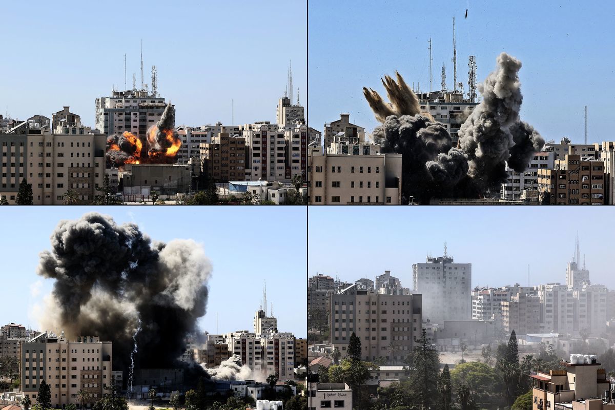 這幅於2021年5月15日創作的組合圖片顯示，以色列對加沙地帶（Gaza Strip）進行系列轟炸，以回應控制該地區的哈馬斯（Hamas）對以方持續的火箭炮襲擊。（MAHMUD HAMS/AFP via Getty Images）