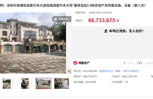 深圳一估值二億元別墅 6673萬宗拍沒人要