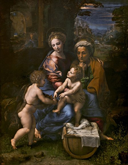 拉斐爾，《聖家族》（The Holy Family），又稱《珍珠》（La Perla），木板油畫，約1518年作，147.4×116 cm，馬德里普拉多博物館藏。（公有領域）