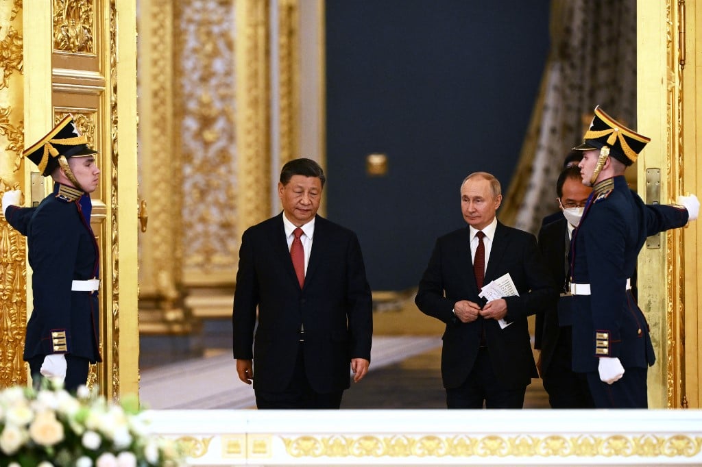 2023年3月21日，普京和習近平在克里姆林宮會面。（Alexey Maishev/Sputnik/AFP）