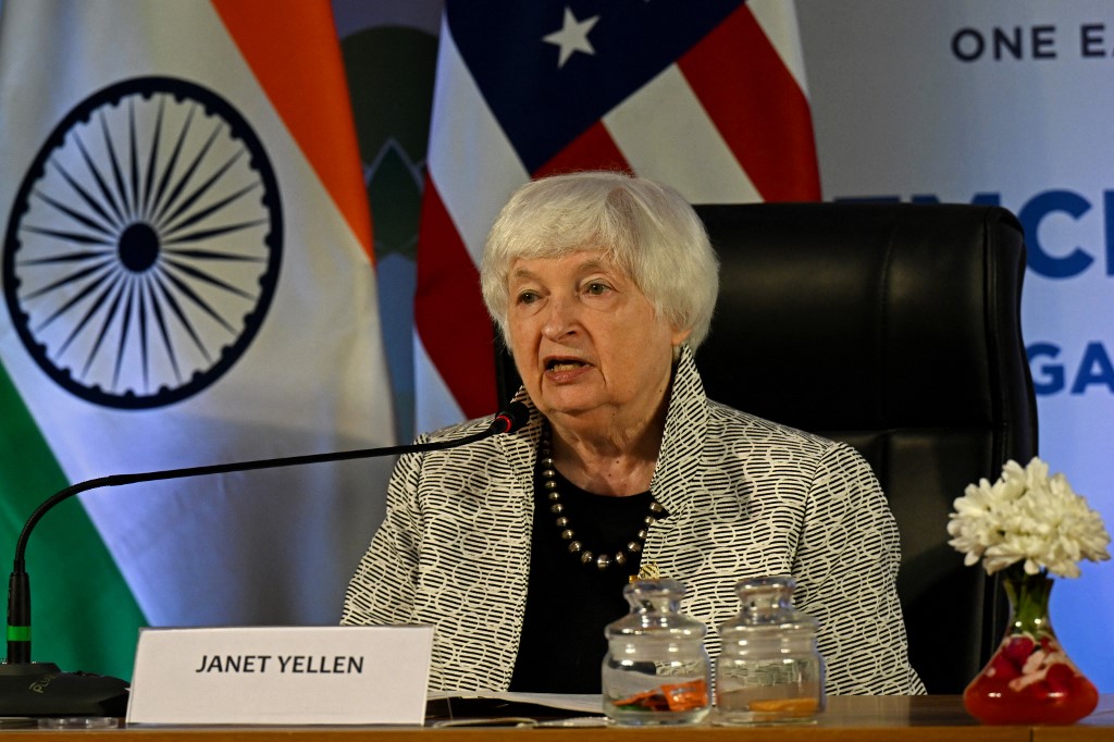 2023年7月17日，美國財長耶倫（Janet Yellen）在二十國集團（G20）財長和央行行長會議上講話。 （Punit Paranjpe/AFP）