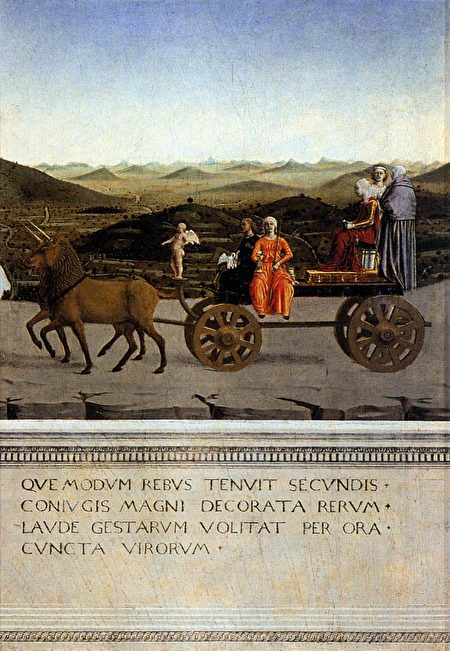 肖像背面的寓言故事畫向公爵夫人巴緹絲塔‧斯福爾扎（Battista Sforza）致敬。（Uffizi Galleries／烏菲茲美術館提供）