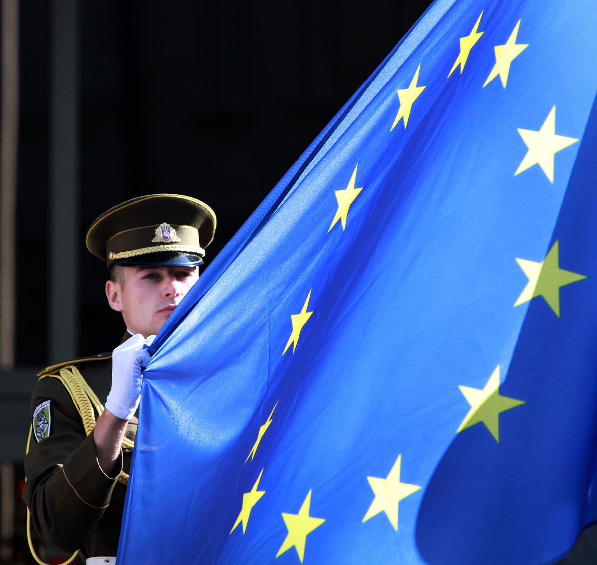 2013年7月1日，一名立陶宛士兵在維爾紐斯政府宮殿前舉行的儀式上手持歐盟旗幟。（PETRAS MALUKAS/AFP via Getty Images）