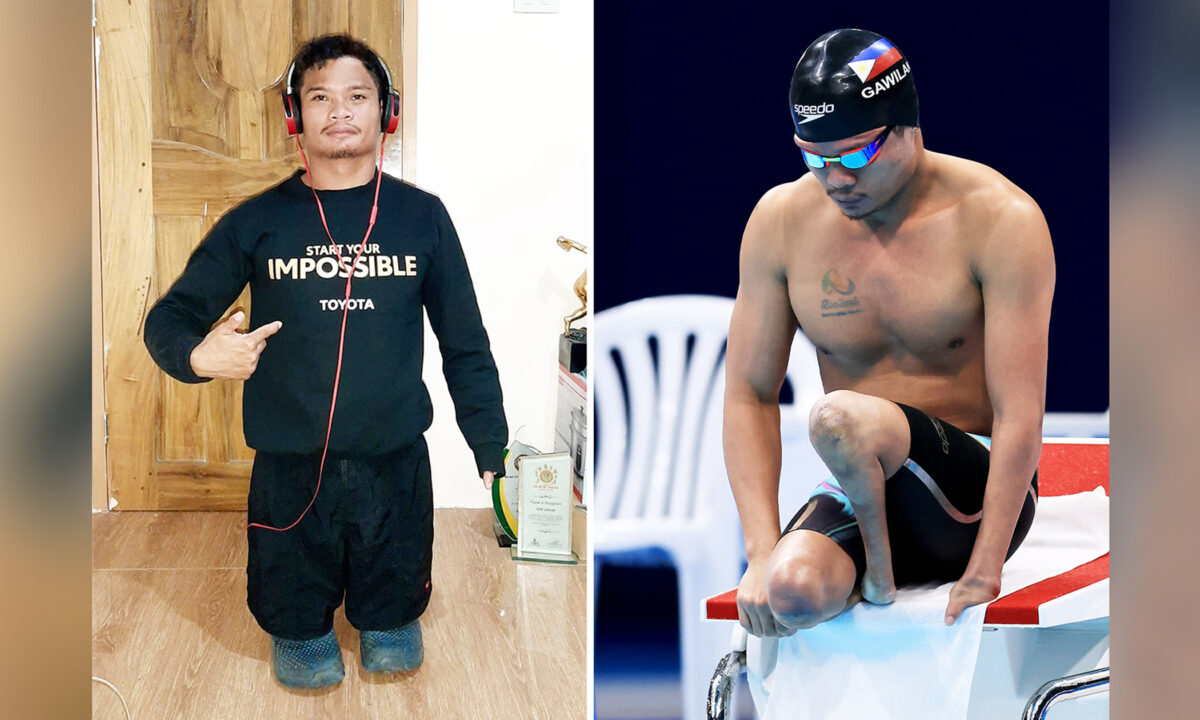 菲律賓一位年輕人生來四肢發育不全，但他憑藉頑強毅力克服各種障礙和挑戰，多次獲得世界游泳冠軍頭銜。（左：厄尼‧加維蘭提供；右：Buda Mendes/Getty Images）