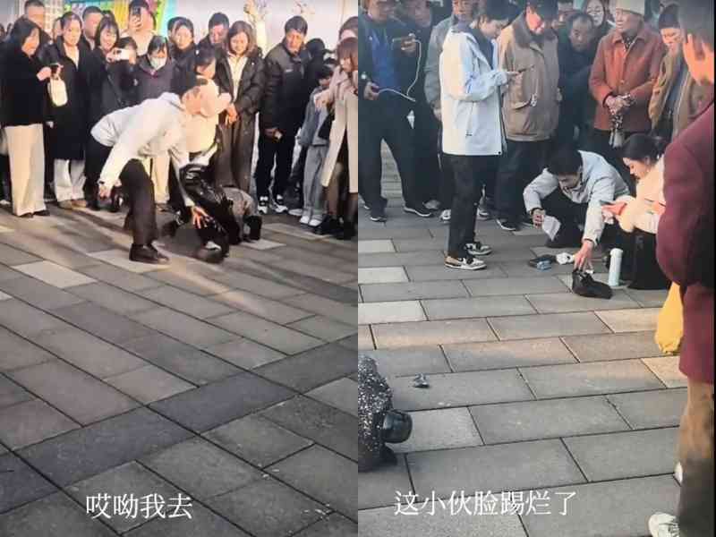 中國機械人街頭跳舞摔倒 小伙查看臉被踢流血