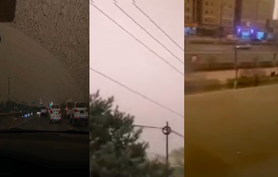 最新預報顯示，新疆、甘肅、內蒙古和華北等地的部份地區從今天（25日）起四天內出現揚沙浮塵天氣。圖為4月15日下午，北京再遭遇沙塵暴，同時伴有風雨。（影片截圖/微博圖片合成）