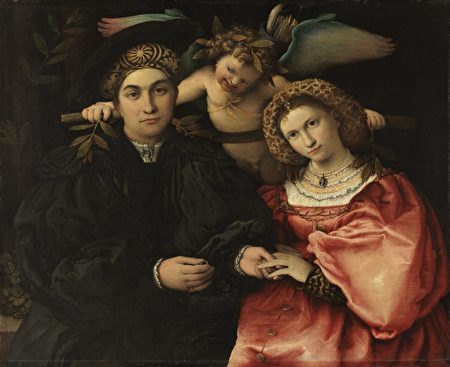 羅倫佐‧洛托的作品《馬西利奧‧卡索蒂與他的妻子法烏斯蒂娜肖像》，1523年。油彩、畫布，28 x 33 1/8英吋。普拉多博物館，西班牙馬德里。（Prado Museum／普拉多博物館提供）