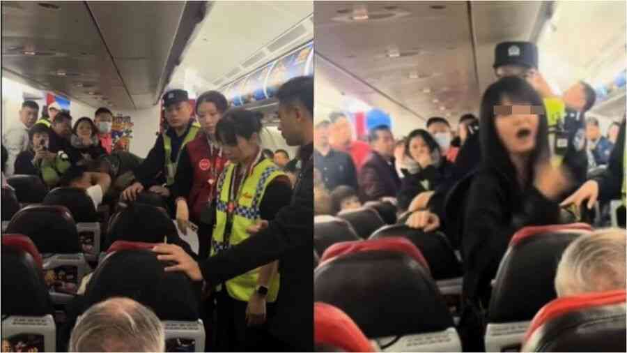 自稱南航空姐 中國女子飛機上鬧事被帶走