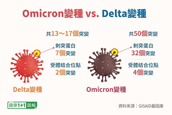 與Delta變種相比，Omicron變種的突變數明顯增多。（健康1+1／大紀元）