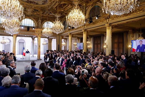 2022年5月7日，馬克龍在就職儀式上發表講話。（Ludovic MARIN / AFP）