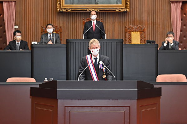 2020年9月1日，捷克參議院議長維斯特奇爾在台灣立法院發表演說。（台灣立法院提供）