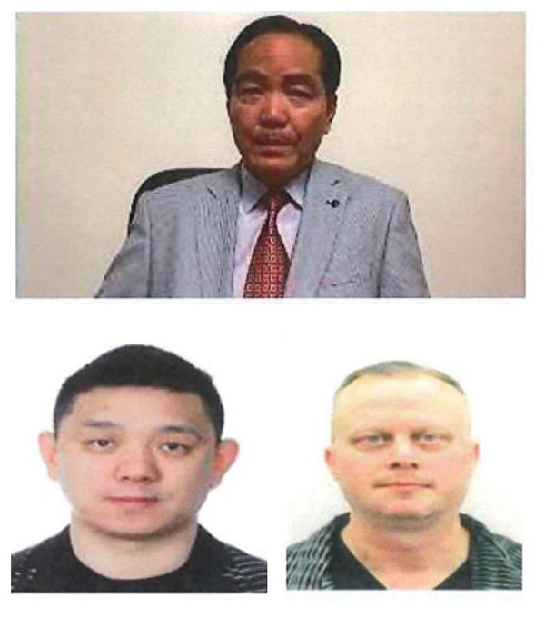  被美國司法部起訴的為中共做外國代理人的被告劉藩（上）、孫強（左下）和茲布里斯（右下）。（取自紐約東區聯邦檢察官辦公室起訴書／大紀元合成）
