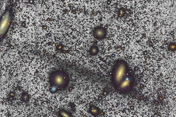 天文學家首次發現星系間存在巨大恆星流。圖中由左至右的黑色條紋是剛發現的巨型后髮星流（Giant Coma Stream），黃色斑點是不同的星系。（William Herschel Telescope/Román et al.）