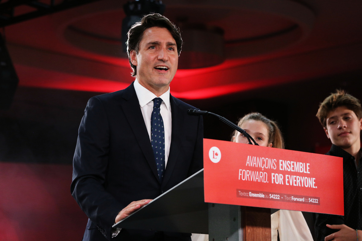 2021年9月20日，加拿大總理兼自由黨領袖賈斯汀‧杜魯多在滿地可的選舉總部發表勝利演講。杜魯多總理在周一的聯邦選舉中贏得了第三個任期。（Getty Images）