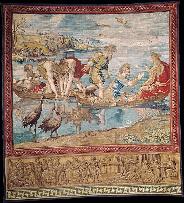 拉斐爾設計的織錦掛毯之一《捕魚奇蹟》（The Miraculous Draught of Fishes），梵蒂岡博物館藏。（公有領域）