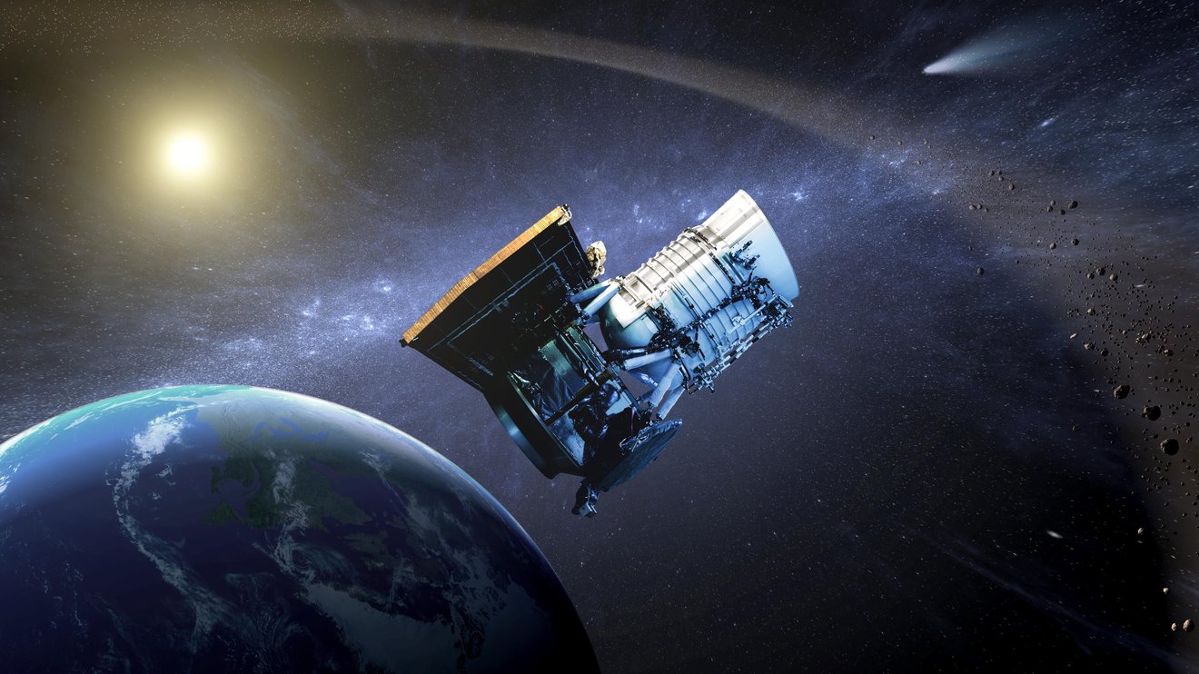 廣域紅外線巡天探測衛星（WISE/NEOWISE）在地球軌道運行的示意圖。（NASA/JPL-Caltech）