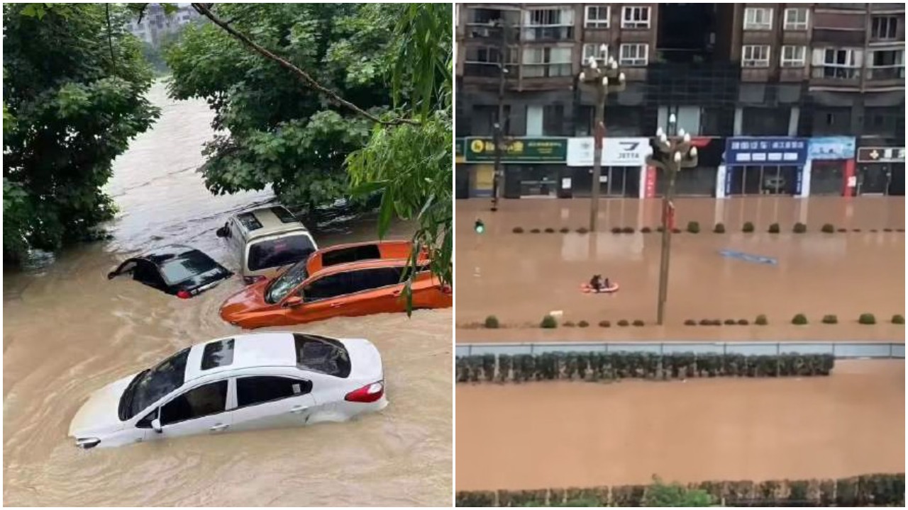 四川省巴中市普降大暴雨，導致城市內澇嚴重，河道氾濫。（微博圖片）