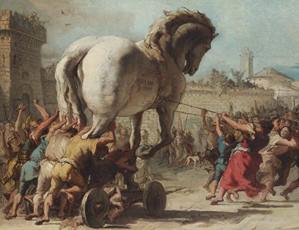 《行進中的特洛伊木馬》,Domenico Tiepolo(1773)。(公有領域)