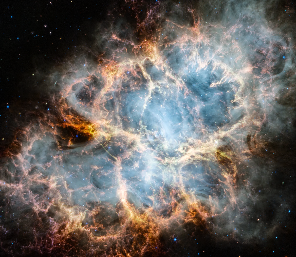 NASA於2023年10月30日發布的由韋伯太空望遠鏡拍攝併合成的影像,顯示的是蟹狀星雲(Crab Nebula),這是6,500光年外一顆爆炸恆星的殘骸。(NASA/ESA)