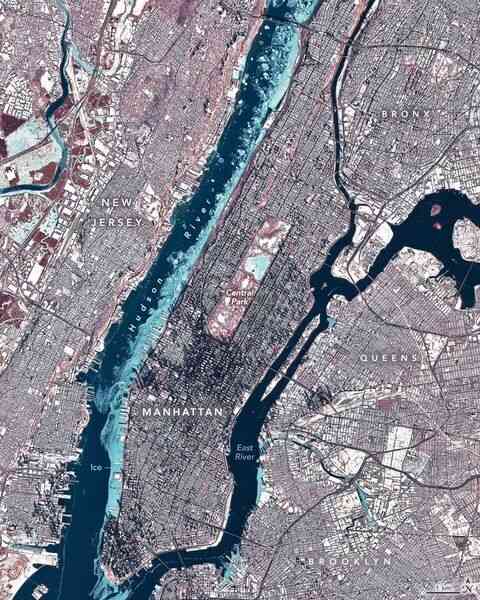 NASA衛星圖片：紐約市嚴寒 哈德遜河結冰