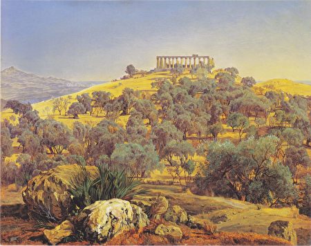 費迪南‧喬治‧華德米勒的作品《阿格里真托的朱諾神廟遺址》(The Ruins of the Temple of Juno at Lancinia at Agrigento),1853年創作。油彩、面板;12 1/4英吋×15 3/8英吋。維也納列支敦斯登博物館(Liechtenstein Museum, Vienna)。(公有領域)