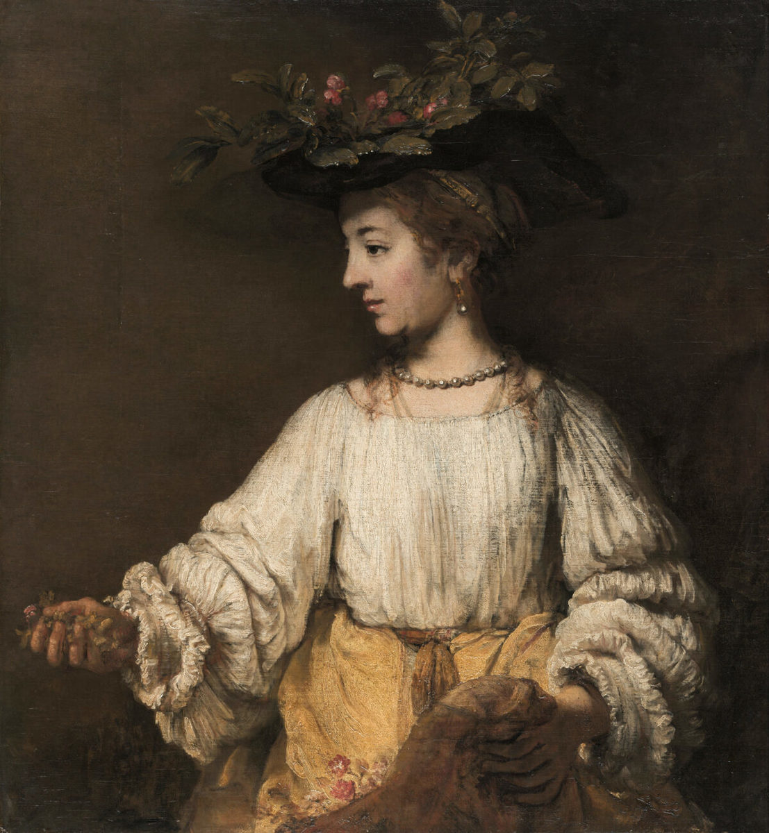 倫勃朗（Rembrandt），《芙勞拉》（Flora）局部，約1654年。油彩、畫布，大都會藝術博物館，紐約，美國。阿徹·米爾頓·亨廷頓（Archer M Huntington）於1926年捐念以紀念父親柯利斯·亨廷頓（Collis Potter Huntington）；大都會藝術博物館，紐約。（The Metropolitan Museum of Art提供）