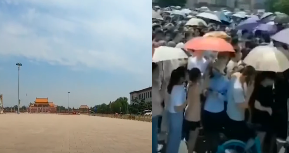 北京城現兩種極端情況：一邊空無人煙，一邊人山人海。（影片截圖合成）