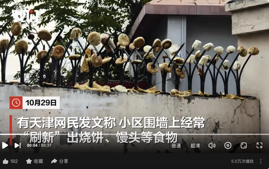 天津一小區圍牆防盜刺插滿燒餅、饅頭 引關注