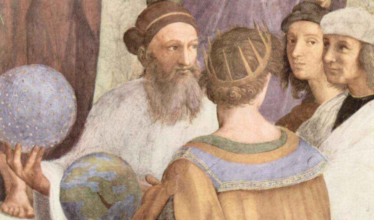 拉斐爾《雅典學院》（The School of Athens）局部，左為依照詩人卡斯蒂廖內形象描繪的古希臘學者托勒密，右二為拉斐爾依自己形象刻畫的古希臘畫師阿佩萊斯（Apelles）。（公有領域）