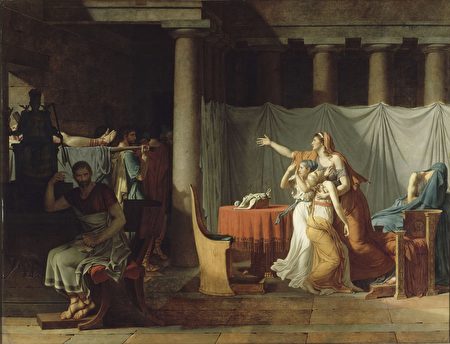 《侍從搬來布魯圖斯兒子的屍體》（The Lictors Returning to Brutus the Bodies of his Sons），1789年，大衛，油彩、畫布，323 x 422 厘米，羅浮宮博物館，巴黎，法國。（公有領域）