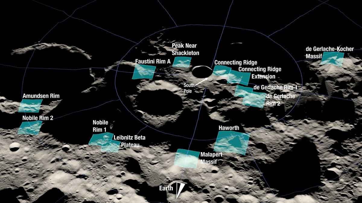 NASA公布的13個可能的月球登陸區域。（NASA）