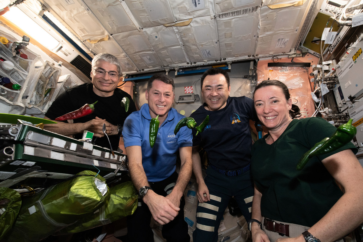 太空站太空人和第一批太空辣椒合照。（Credits: NASA）