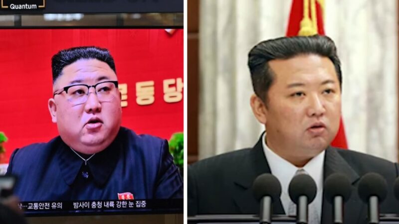 左圖為，2021年1月6日，在首爾的一個火車站電視屏幕上顯示的北韓領導人金正恩出席在平壤舉行的執政黨勞動黨第八次代表大會的新聞畫面。 （JUNG YEON-JE/AFP via Getty Images）右圖為，中央通信社（KCNA）12月27日公布金正恩的照片。（影片截圖）