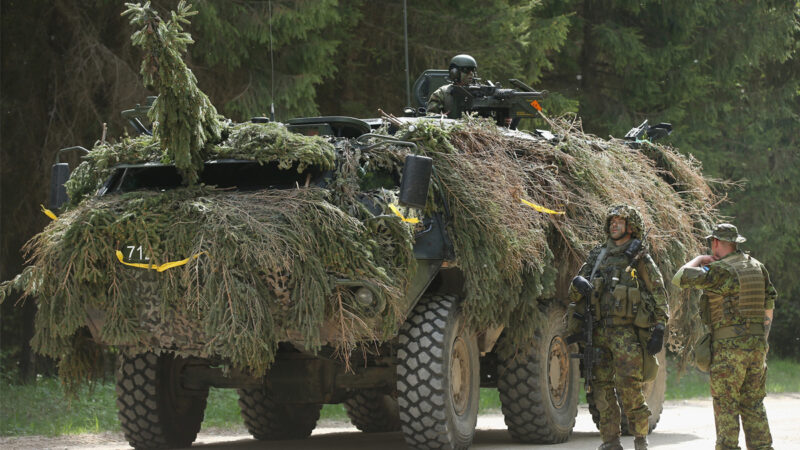 2014年5月18日，在北約「春季風暴」軍事演習期間，愛沙尼亞偵察兵營的成員站在偽裝的裝甲運兵車旁邊。（Sean Gallup/Getty Images）