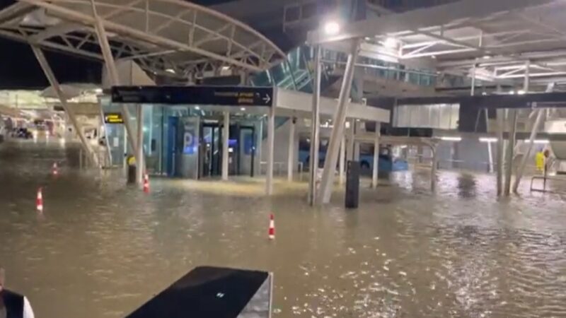 ​豪雨侵襲紐西蘭北島（North Island）最大城市奧克蘭，奧克蘭機場部份航廈的積水已到達膝蓋處。（影片截圖）