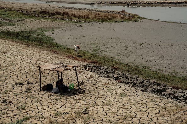 2025年6月30日,伊拉克拉尼亞杜坎湖附近,一名庫德族男子坐在一個臨時搭建的小帳篷下,旁邊是塑膠瓶和冷藏箱。乾旱摧毀了傳統的放牧和捕魚生計,迫使當地社區必須適應乾旱的環境。(OMAR KARIM/Middle East Images/AFP via Getty Images)