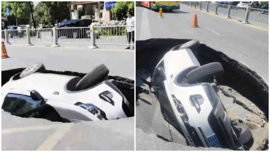 安徽一道路塌陷吞沒轎車 驚險瞬間曝光（影片）