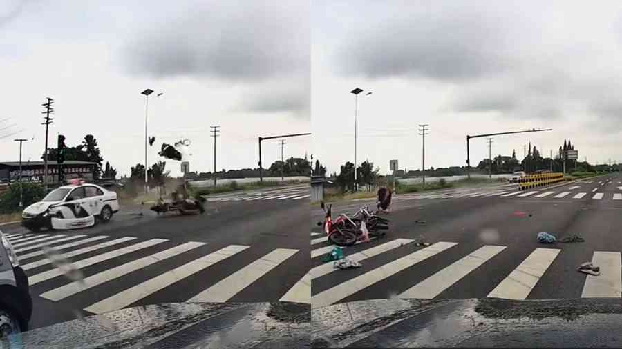 大陸警車闖紅燈撞飛男子 驚悚畫面曝光（影片）