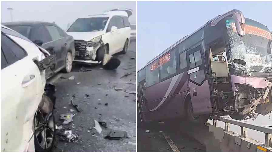 開封黃河大橋多車連環撞 大巴車一半懸空（影片）