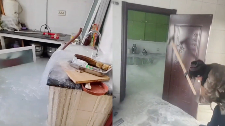 大陸東北一戶人忘關水龍頭 房屋變成「冰山」（影片）