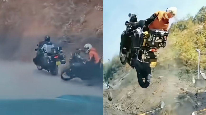 中國女過年上演「飛馳人生」 騎摩托凌空飛下山（影片）