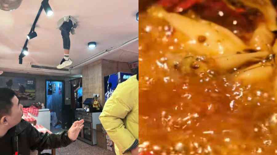 武漢一飯店天花板突掉出人腿 食客急逃（有片）