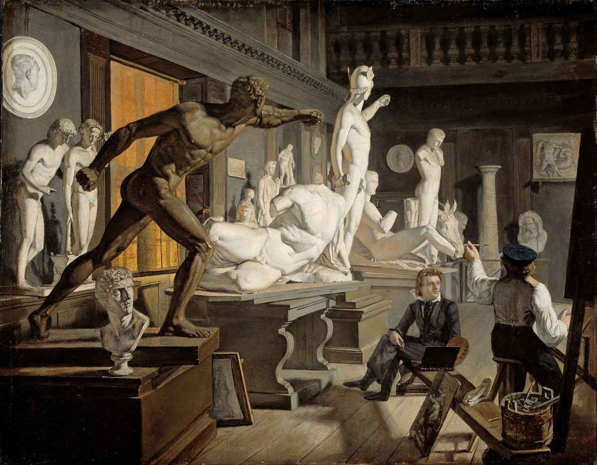 克努德‧巴德(Knud Baade),《哥本哈根學院場景》(Scene From the Academy in Copenhagen),1827/1828年,布面油畫,挪威奧斯陸國家藝術、建築與設計博物館藏。(公有領域)