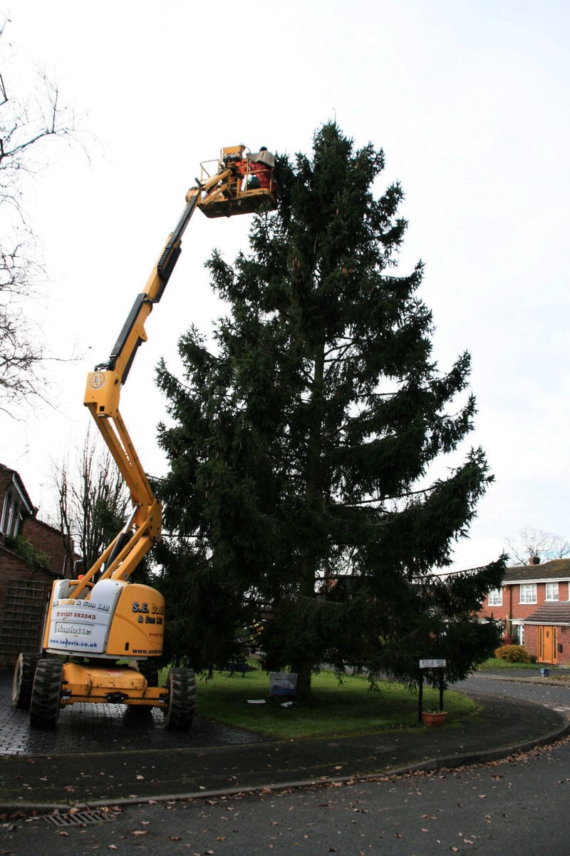 攝於2013年，Rowlands夫婦用大型吊臂車為聖誕樹裝飾。（SWNS）