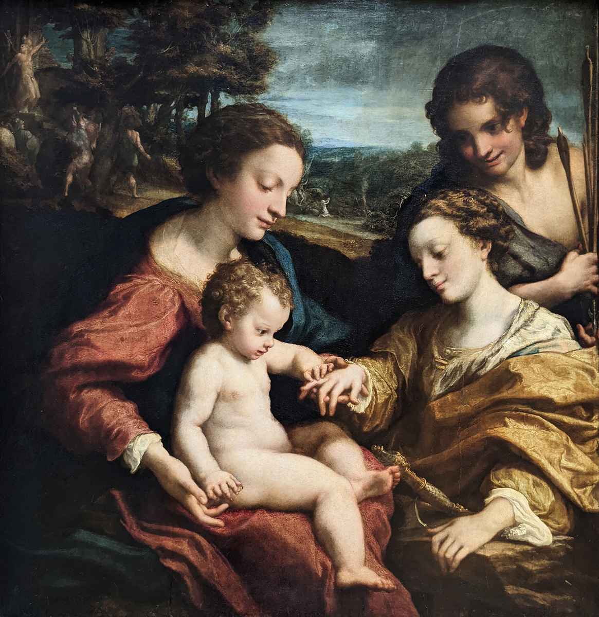 安東尼奧‧達‧科雷喬(Antonio da Correggio)1526—1527年間創作的《聖凱瑟琳的神秘婚姻與聖塞巴斯蒂安》(Mystic Marriage of Saint Catherine of Alexandria with Saint Sebastian)一畫,證明了藝術家傳達複雜情感和主題的卓越才能,白楊木板油畫,巴黎羅浮宮收藏。(公有領域)